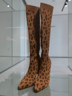 Newbella Leopard Stretch Knit Tall Boots Size 8